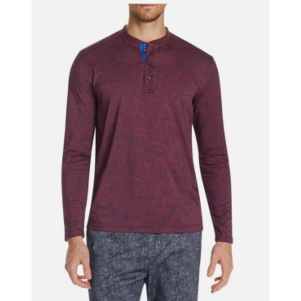 Tallia Mens Shirt‎ Paisley Print Long Sleeve Henley Slim Red Size XL